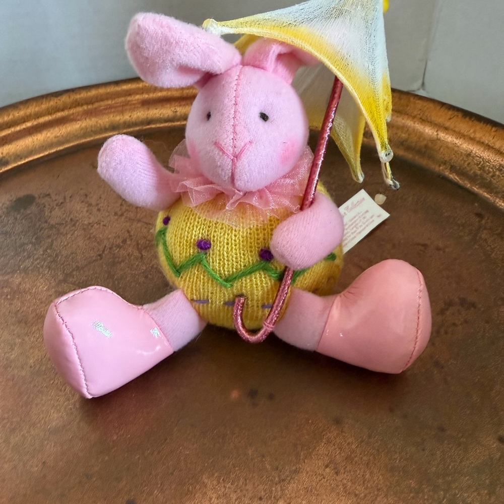 Plush Pink Bunny with Yellow Knitted Egg - Judy Lynn collection Russ